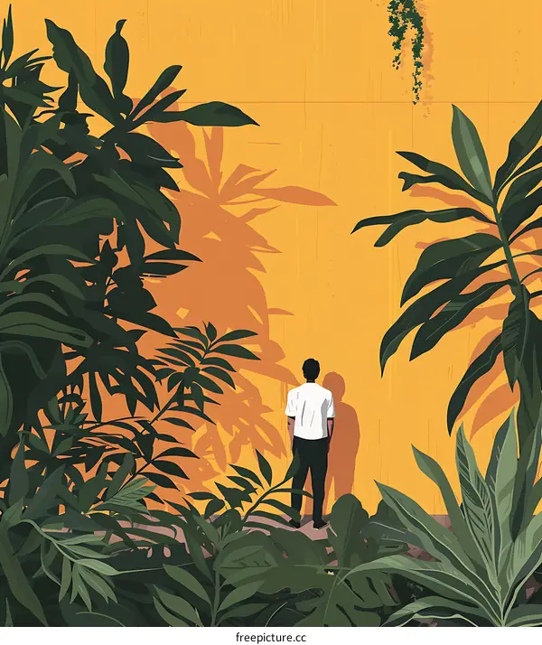 Man Standing in Front of Yellow Wall with Tropical Plants