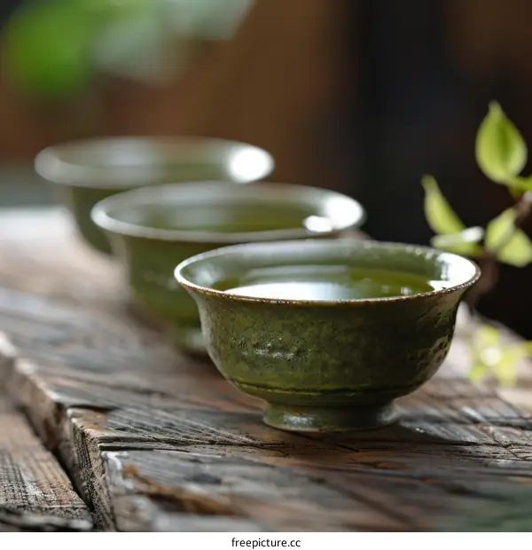 Three green tea cups on a wooden table