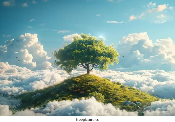 Green Tree on Hilltop Above Clouds