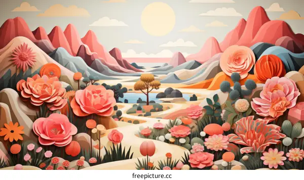 Vibrant Floral Landscape with Serene Blue Mountains