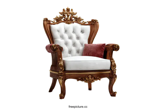 [Transparent Background PNG]Ornate Wooden Armchair with White Upholstery