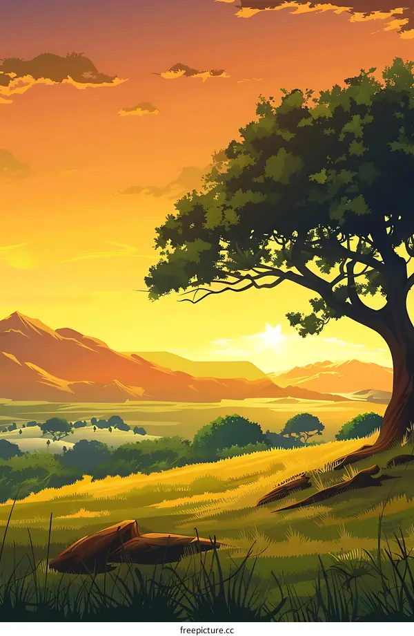 Beautiful Sunset Landscape With Mountains and Tree