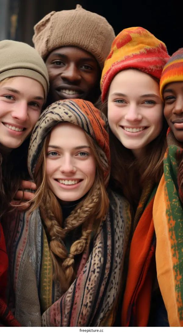A group of young people wearing colorful scarves and hats