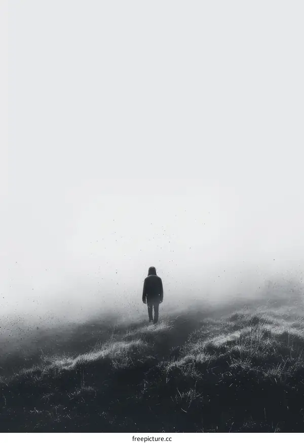 Man walking alone in a foggy landscape