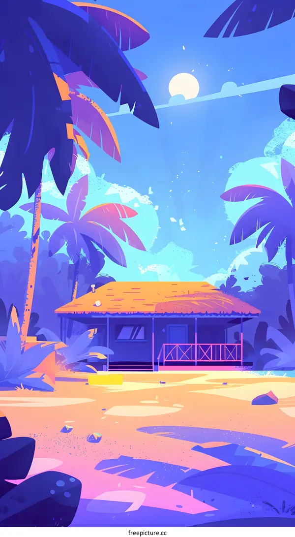 Tropical Beach House Illustration with Palm Trees