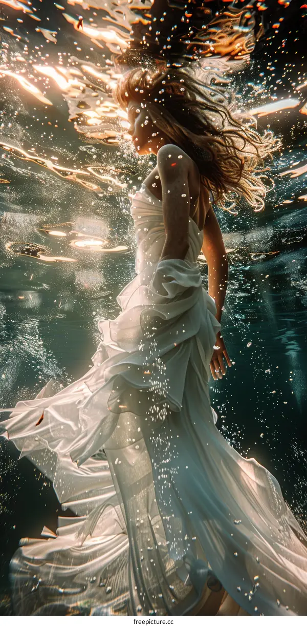 Woman in White Dress Floating Underwater
