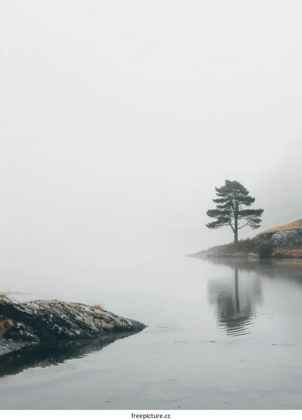 solitary tree on lake in thick fog