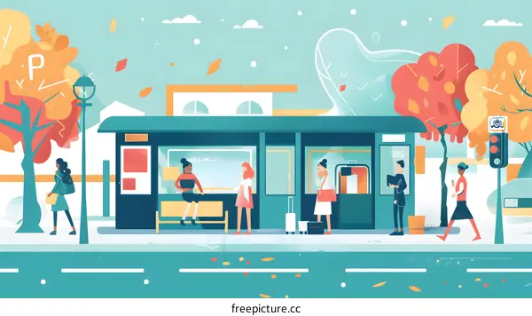 Autumn Bus Stop Illustration With People