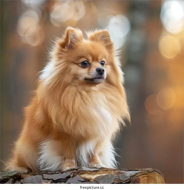 A cute Pomeranian dog sits on a log in the woods