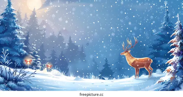 A deer standing in the snow with a forest and snow-capped mountains in the background