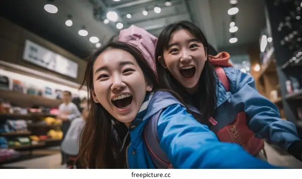 Two young Asian women taking a selfie in an airport