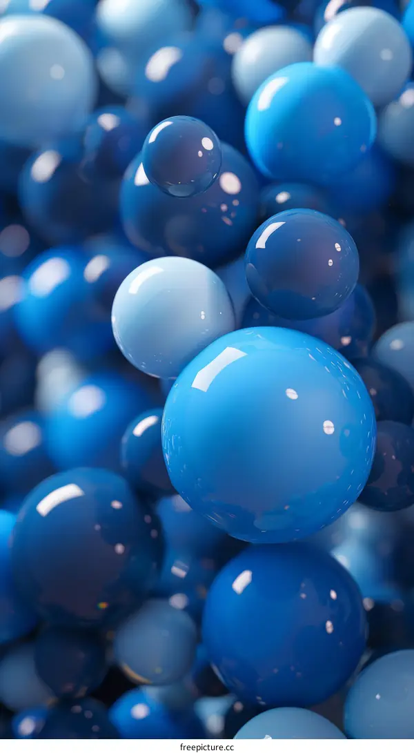 Blue spheres of various sizes with a glossy surface
