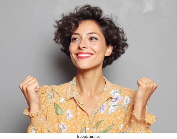 Happy Woman Celebrating Success in a Yellow Dress