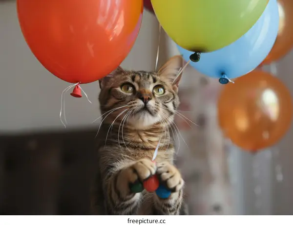 Cat playing with balloons