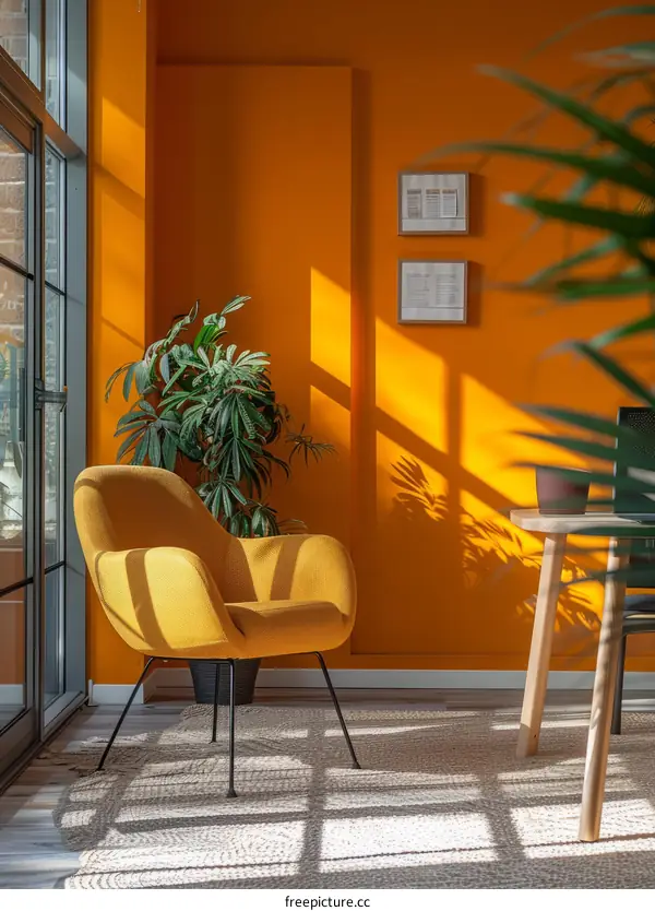 A yellow armchair sits in a room with orange walls