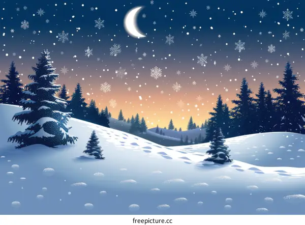 Snowy Landscape in the Forest at Night