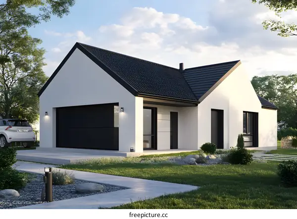 Modern Minimalist House with Black Trim and Garage Door