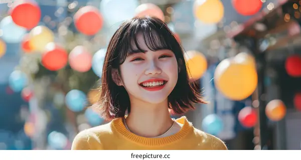 Smiling Asian Woman with Colorful Lights in Background