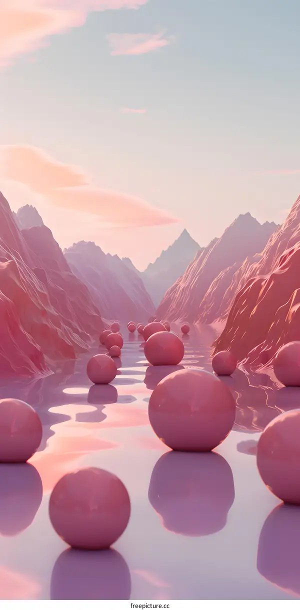 Pink Abstract Mountain Landscape With Spheres