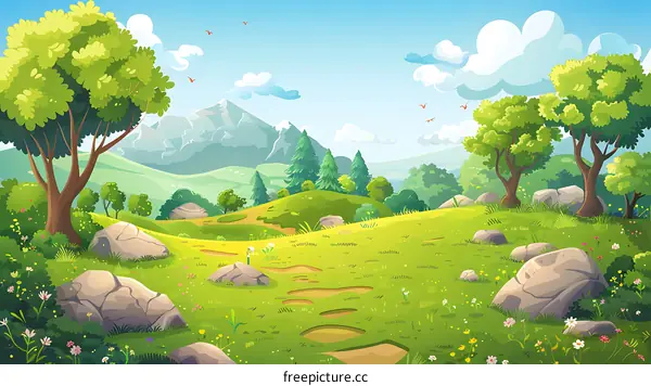 Green Meadow Landscape With Mountains and Trees