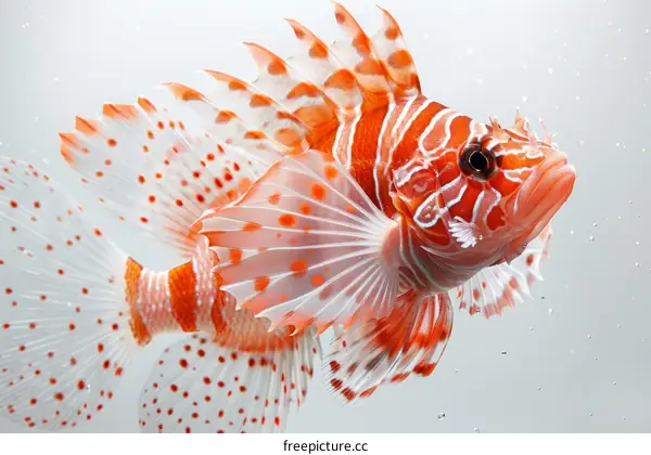 A red and white striped lionfish with its fins spread