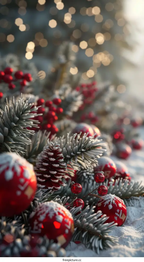 Christmas Decorations with Tree, Snowflakes, Berries, Cones