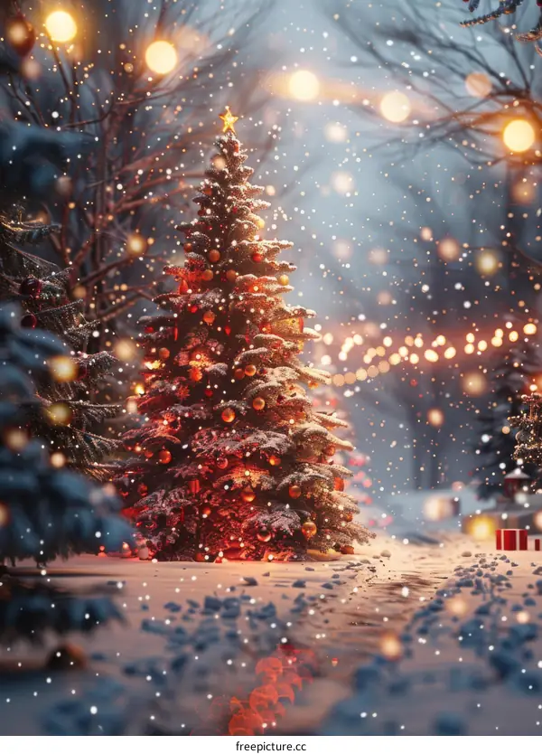 Christmas Tree Sparkles in Snow-Covered City at Night