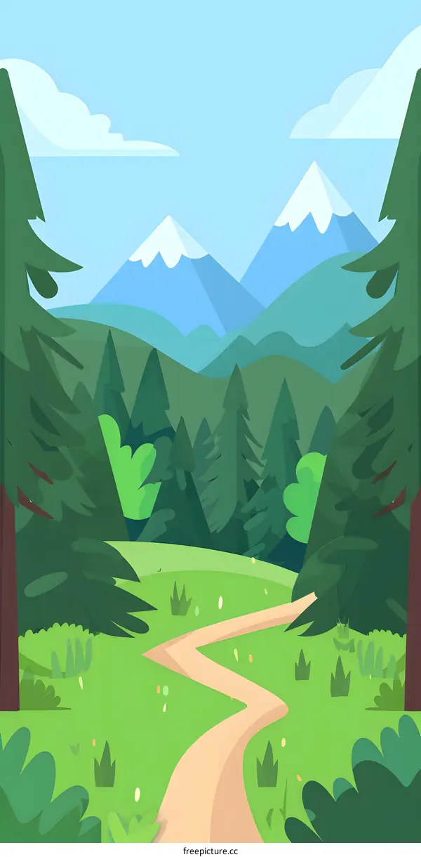 Green Forest Path Leading to Mountains