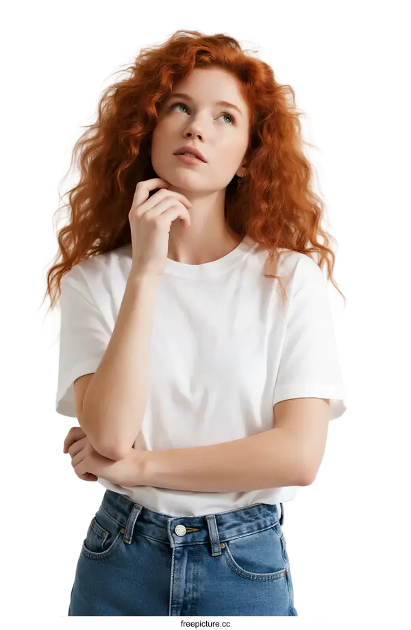 [Transparent Background PNG]Thoughtful young woman with curly red hair wearing casual white top and jeans