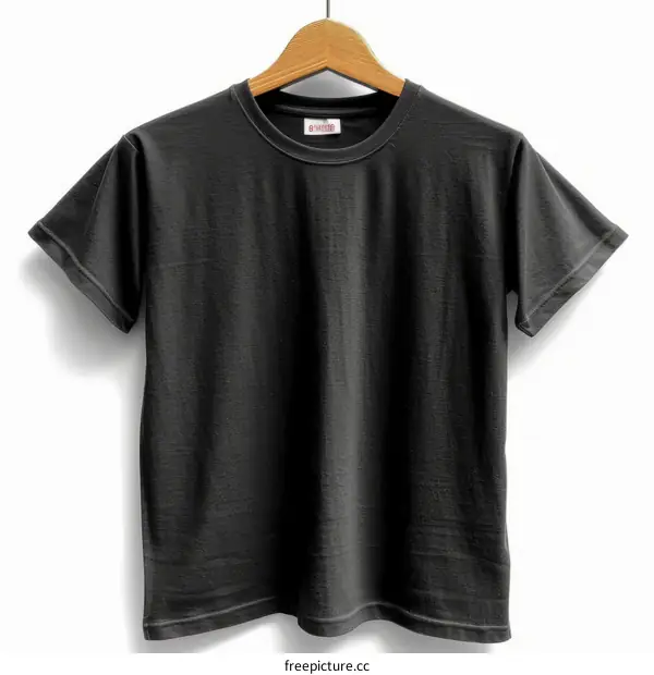 A black t-shirt on a wooden hanger against a white background
