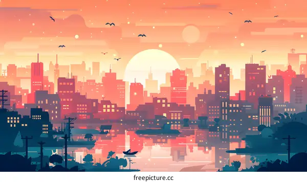 Sunset Cityscape Illustration With Reflection