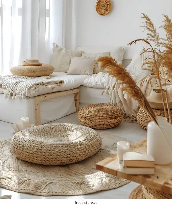 White and Beige Living Room Interior Design with Woven Cushions and Pillows