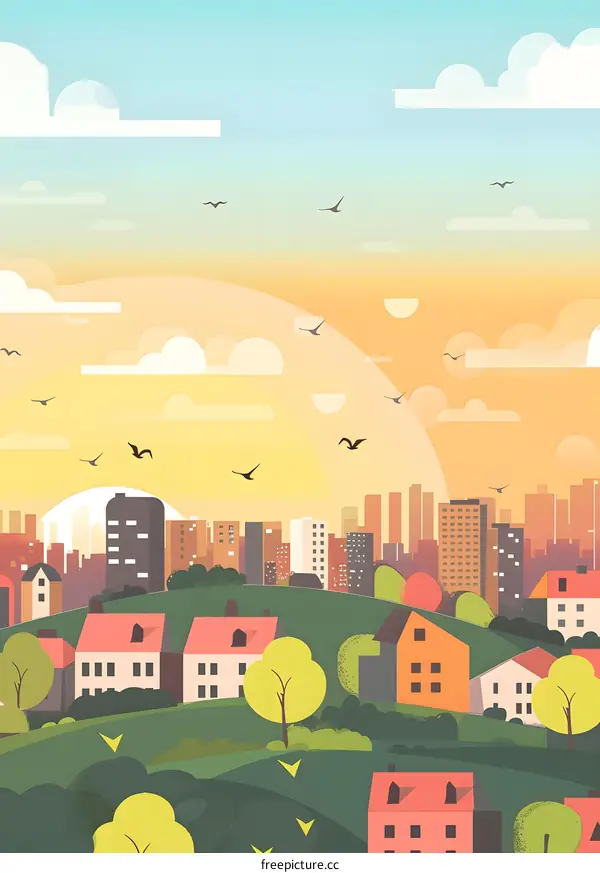 Cityscape Illustration With Sunset And Birds