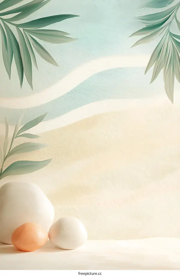 Beach Minimalist Background with Stones and Palm Leaves