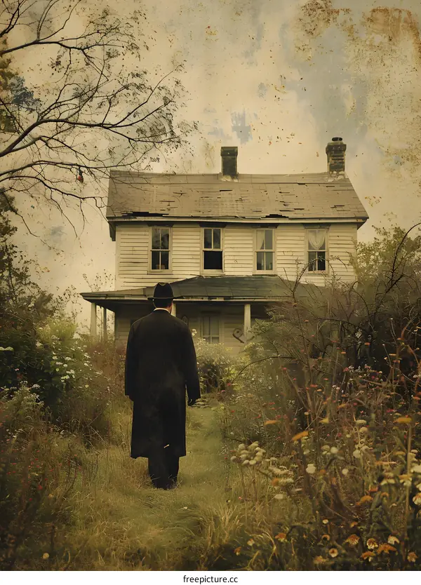 man walking towards an old abandoned house