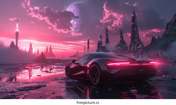 Futuristic Sports Car Parked in Alien Landscape with Pink Sky