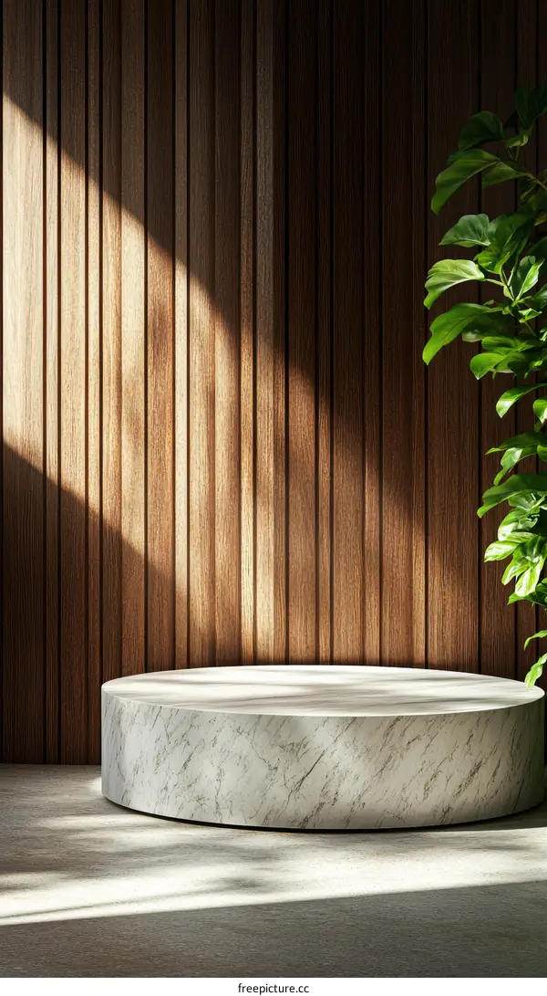 Modern Minimalist Marble Display Podium Against Wooden Wall