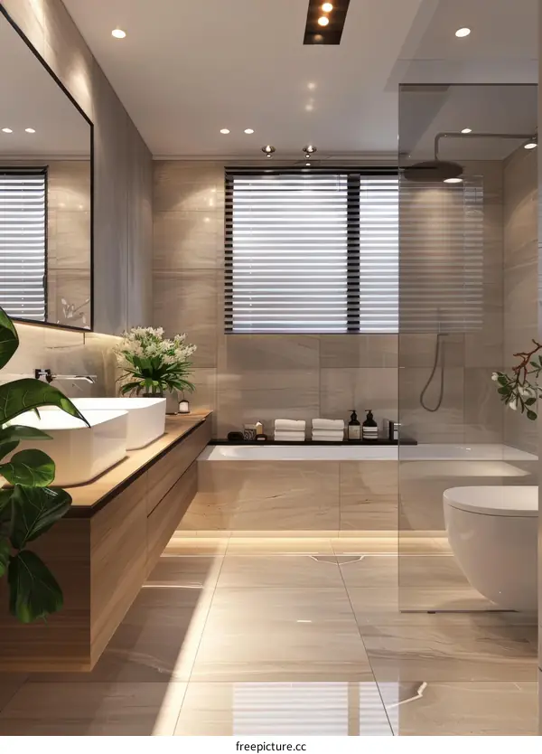 Bathroom Interior with Separate Vanities and Soaking Tub