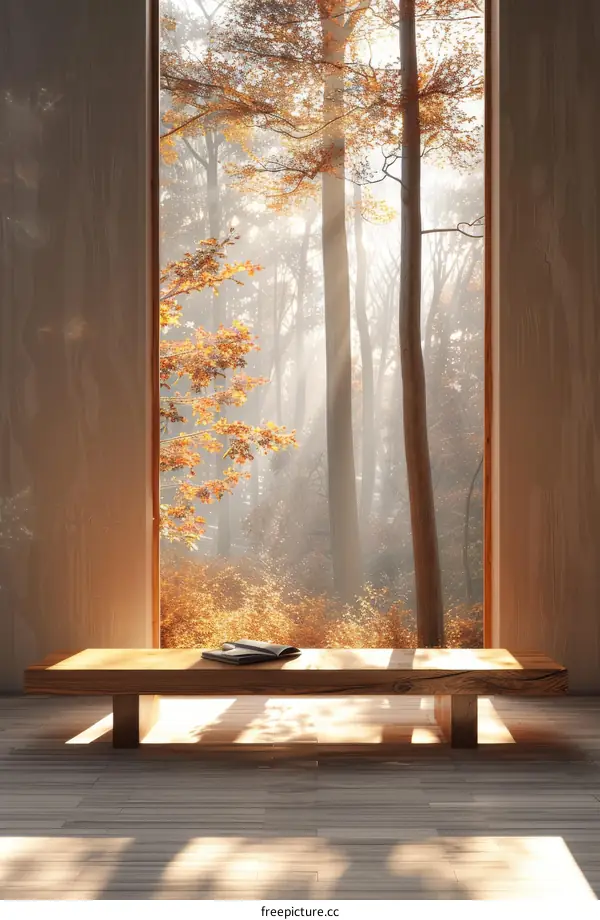 Wooden Bench by Window with Autumn Forest View