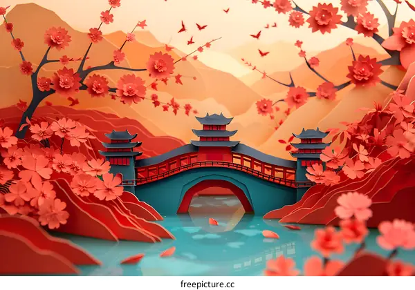 Paper Art Landscape with Bridge and Cherry Blossoms