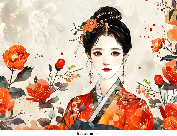 A beautiful illustration of a woman in a red dress with flowers in her hair