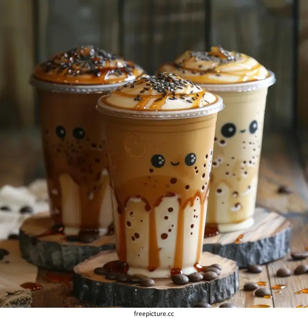 Three plastic cups of iced coffee with whipped cream and chocolate syrup