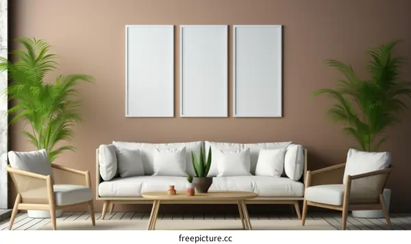 Three Minimalist White Frames Above White Modern Couch in Living Room with Plants