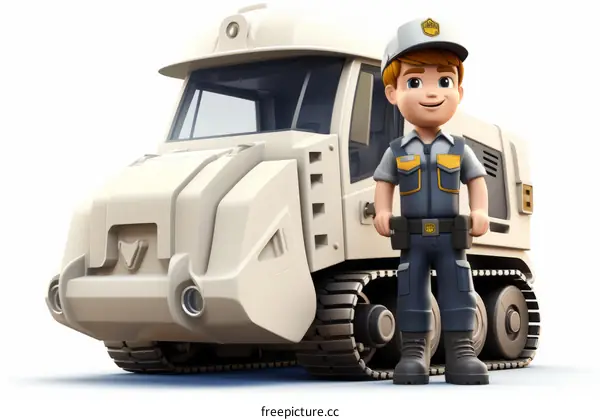 A construction worker standing next to a white tracked vehicle