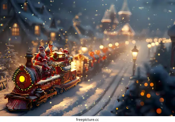Santa Claus is driving a train through the snow
