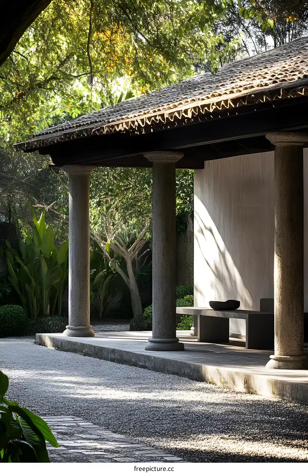 Modern Minimalist Garden Pavilion with Stone Columns and Gravel Pathway