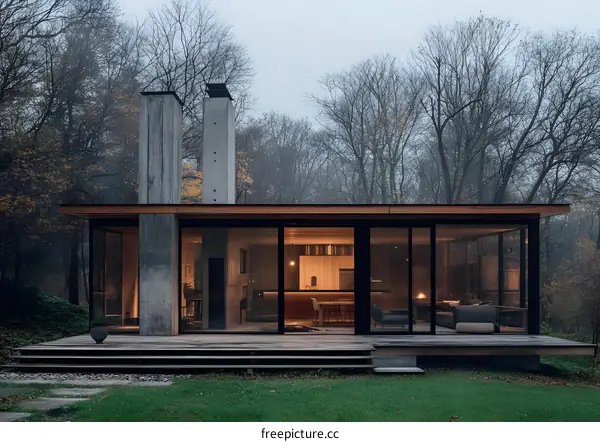 Modern Glass House with Concrete Pillars in the Woods