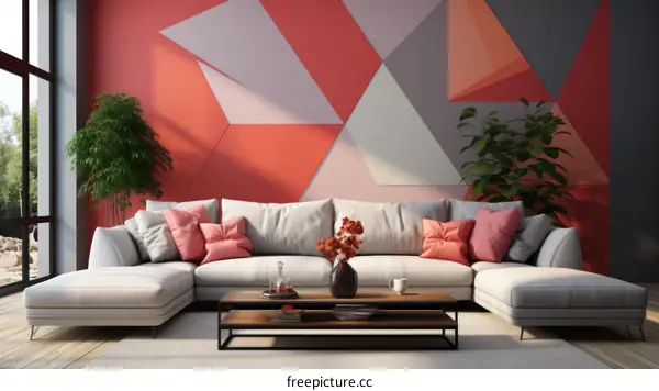 Modern Living Room with Geometric Accent Wall and White Sectional Sofa