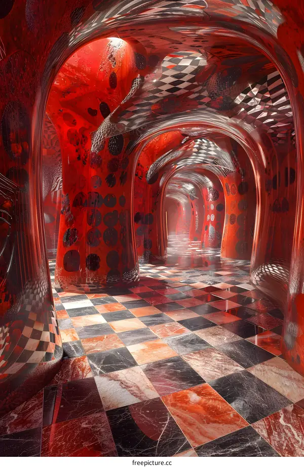 Abstract Red and Black Checkerboard Pattern Tunnel