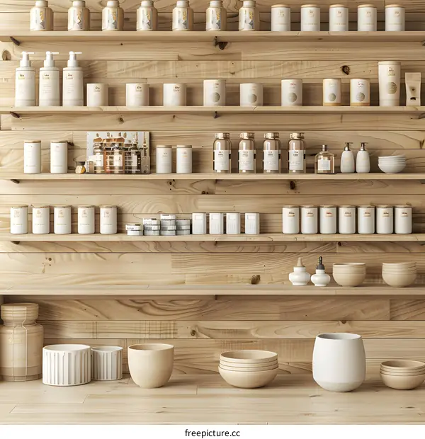 Wooden Shelves With Jars And Bottles